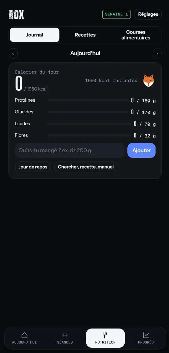 Écran nutrition de Rox avec les jauges